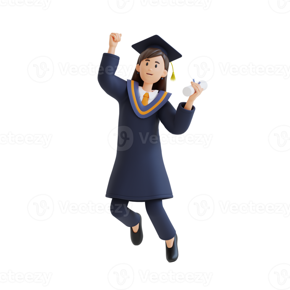 young girl jumping while holding diploma graduation 3d character illustration png