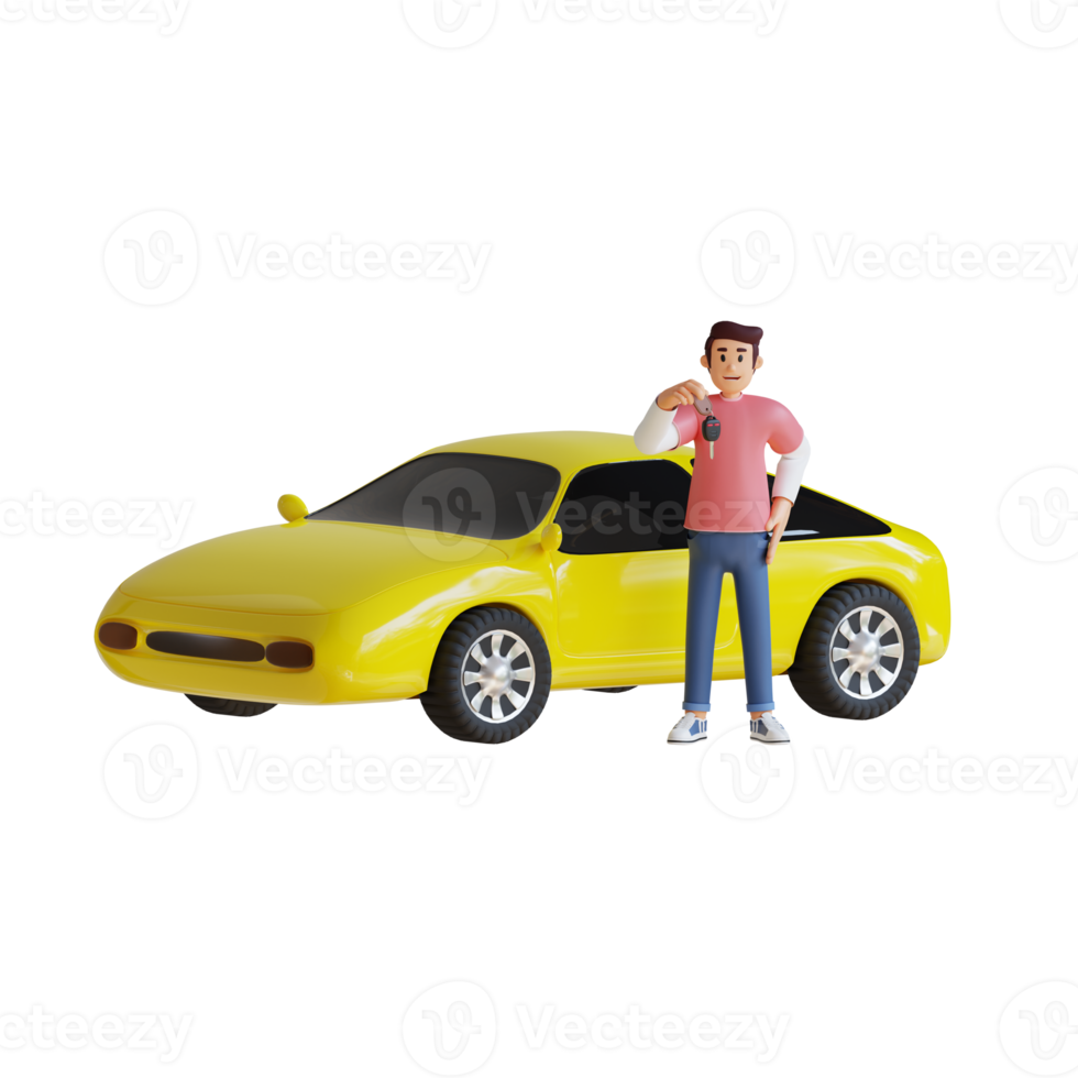 jeune homme debout devant une voiture tenant des clés de voiture illustration de personnage 3d png