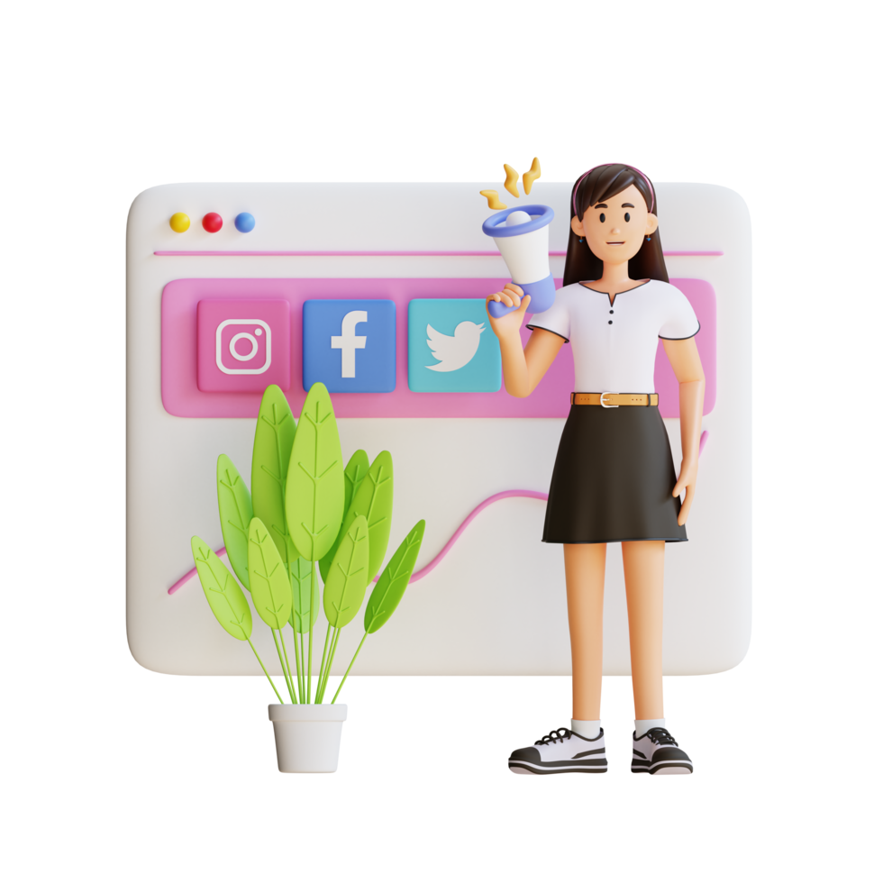 niña haciendo promoción móvil ilustración de personajes 3d png