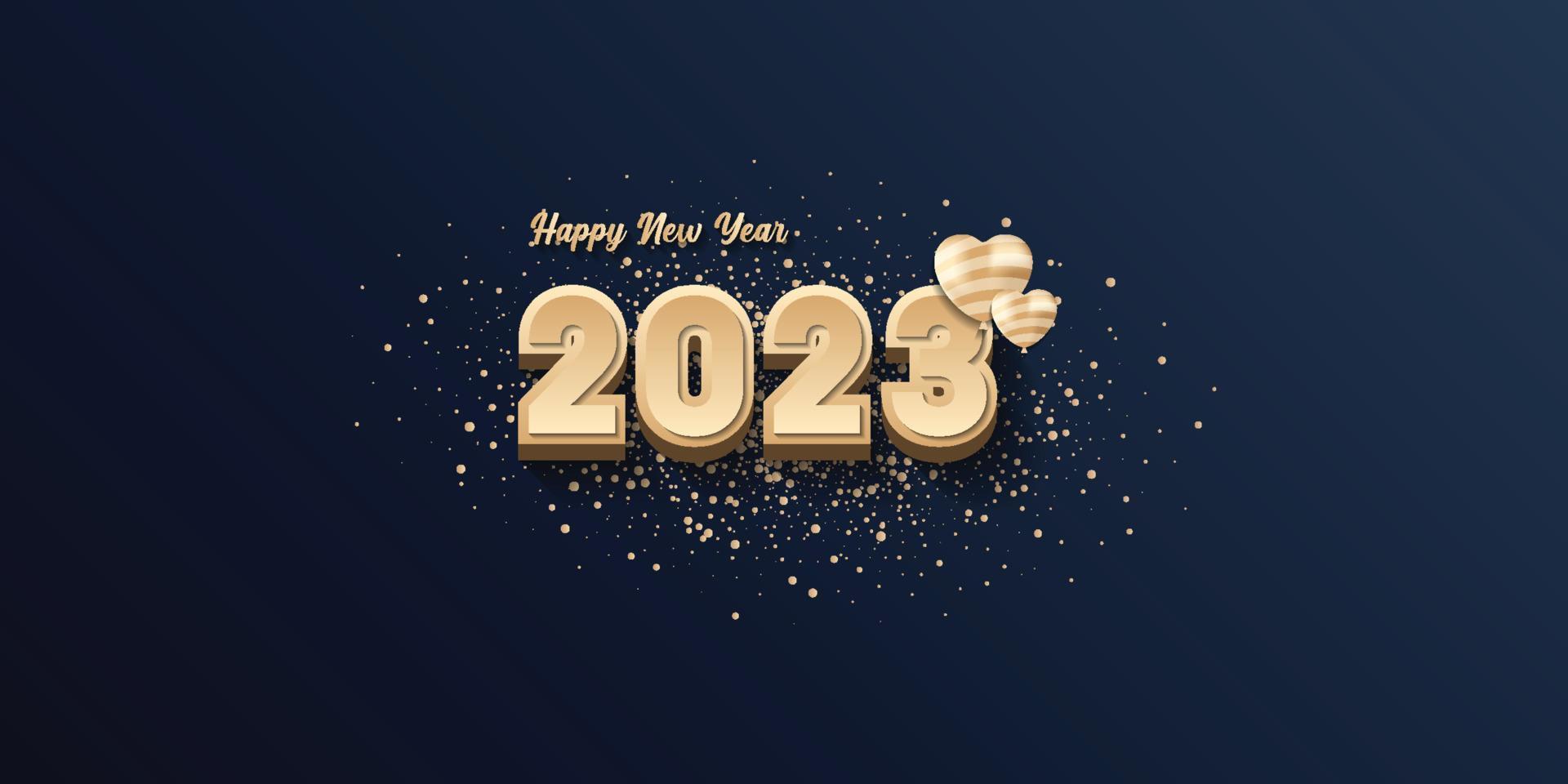 feliz año nuevo 2023, diseño de lujo de año nuevo, con corazón y fondo negro vector