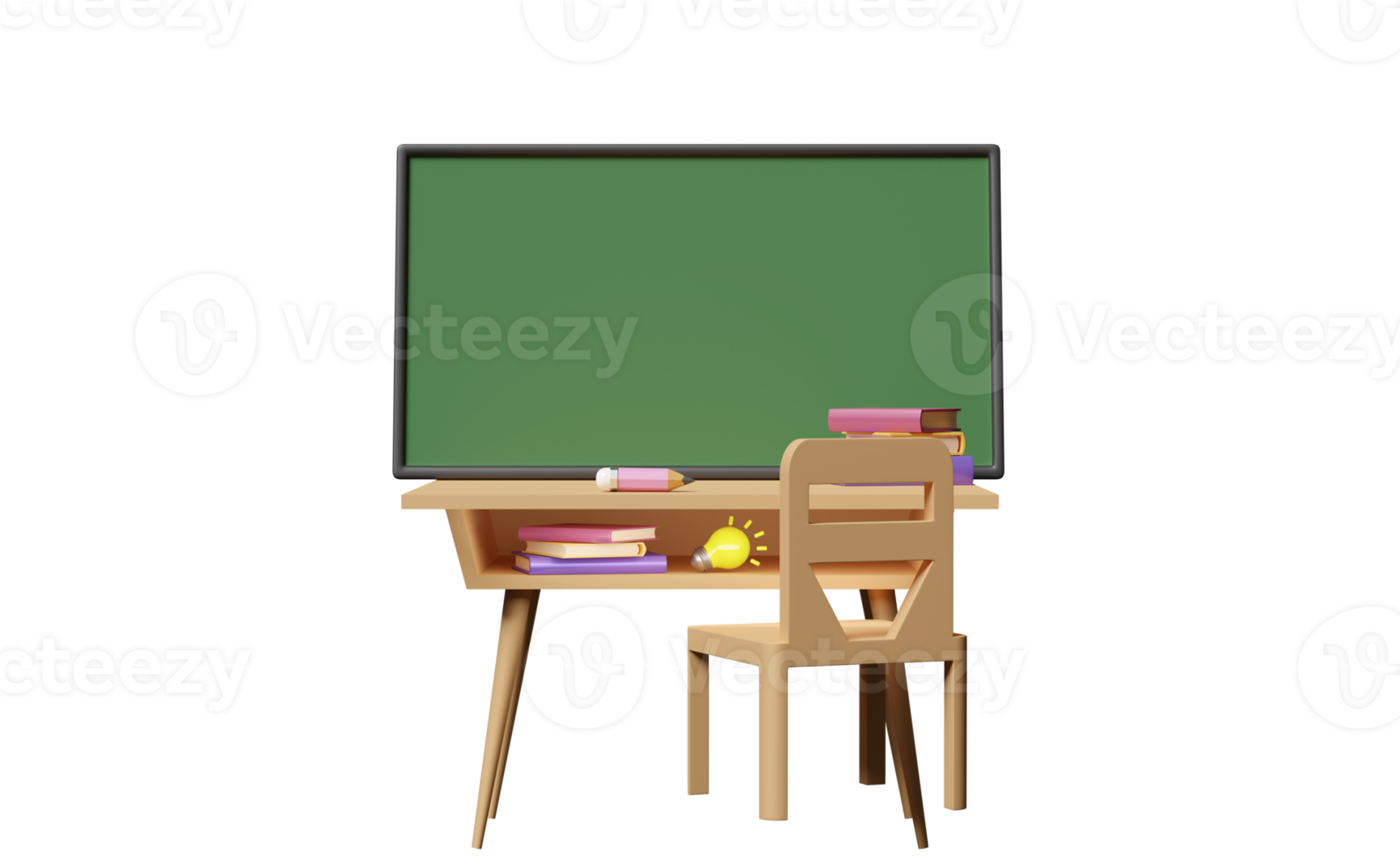 3d grön svarta tavlan mall med trä- skola skrivbord tecknad serie, stol, ljus Glödlampa, bok isolerat. 3d framställa illustration png