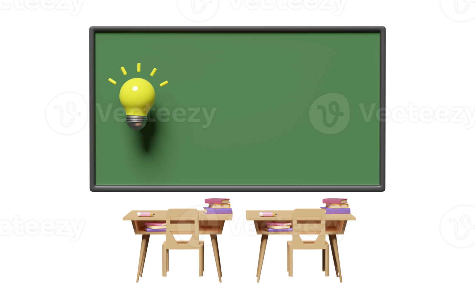 3d green blackboard template with light bulb, wooden school desk cartoon, chair, book isolated. idea tip concept, 3d render illustration png