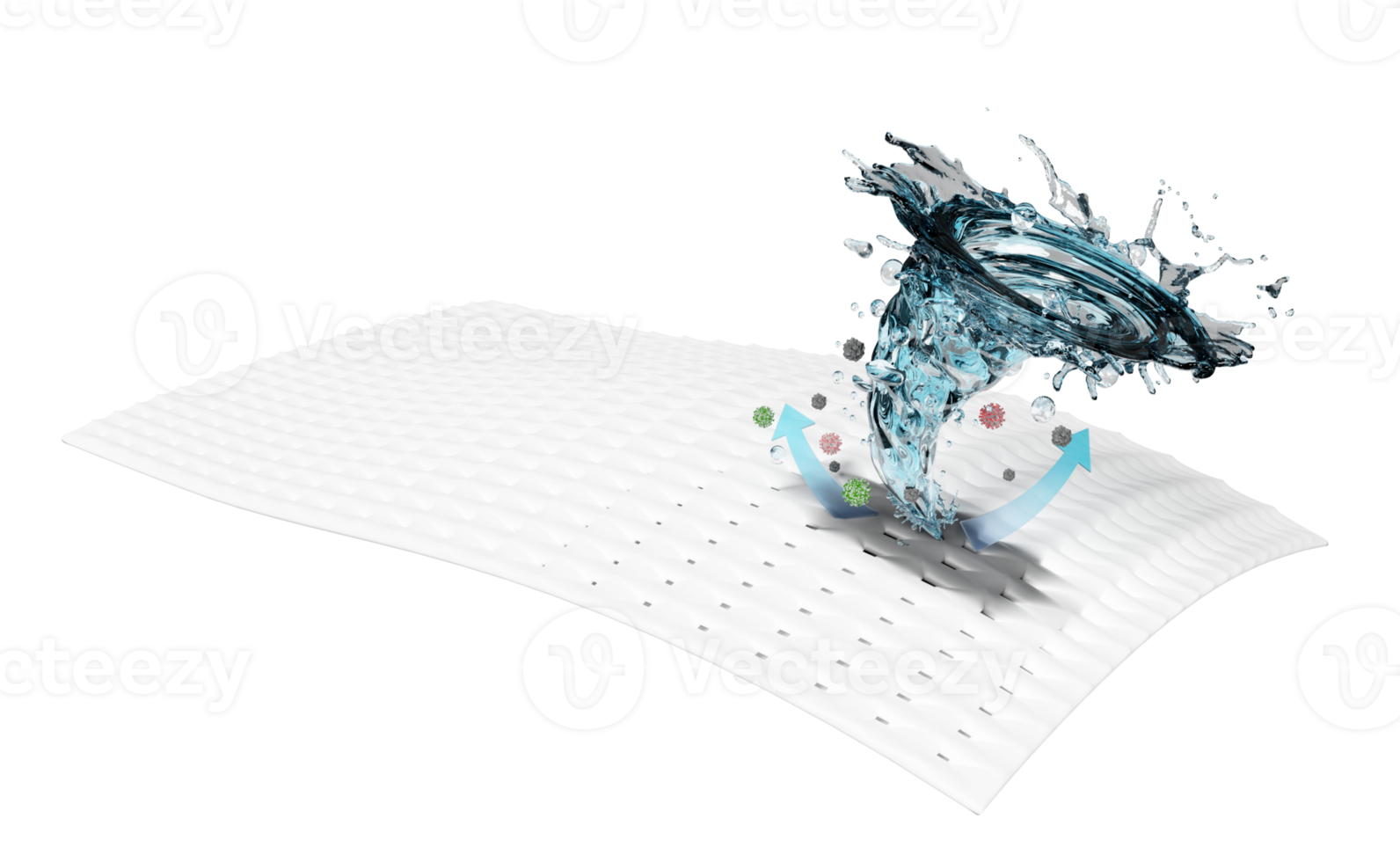 3d show liquid detergent, washing with a whirlpool, vortex, water rotating on the fabric fiber surface, advertising illustration clean with washing powder, isolated. 3d render png