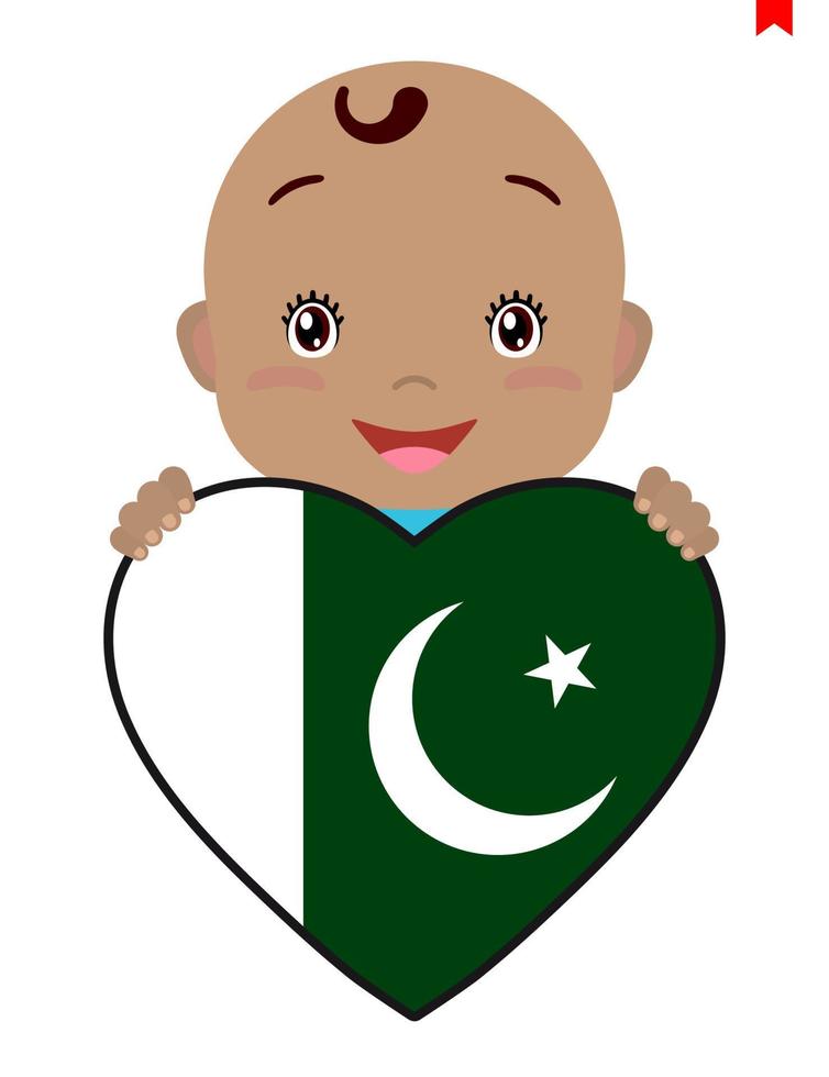 Smiling face of a child, a baby and a Pakistani flag in the shape of a heart. Symbol of patriotism, independence, travel, emblem of love. vector