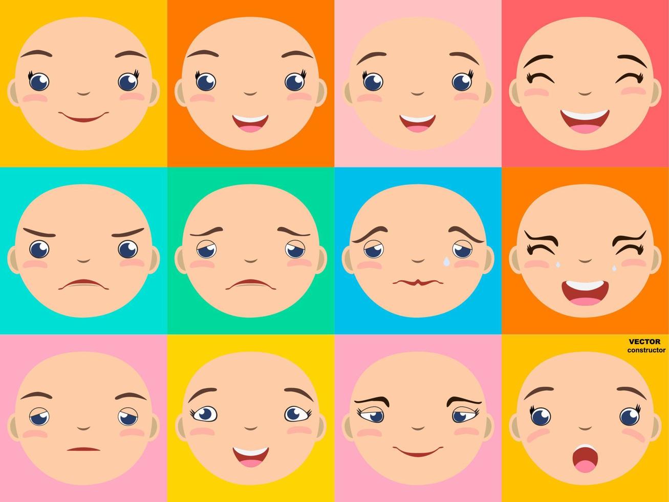 caras sonrientes, conjunto de emoticonos, fondo de cuadrados coloridos. vector