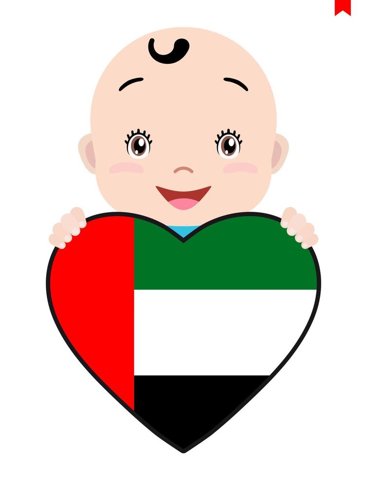 cara sonriente de un niño, un bebé y una bandera de los emiratos árabes unidos en forma de corazón. símbolo de patriotismo, independencia, viaje, emblema de amor. vector