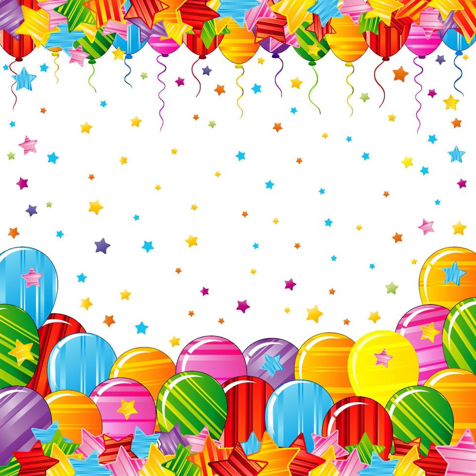 las estrellas de colores brillantes y los globos bordean un fondo blanco. cartel de vector de fiesta de cumpleaños festivo. ilustración de celebración.