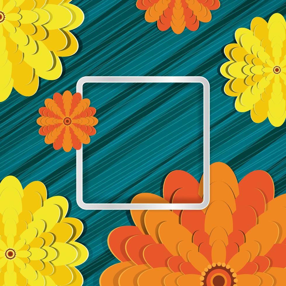 Spring congratulatory floral background. Festive paper flowers on a square light frame. Shaded noble turquoise background. Vector greeting card with a holiday on March 8, Mother's Day, birthday.