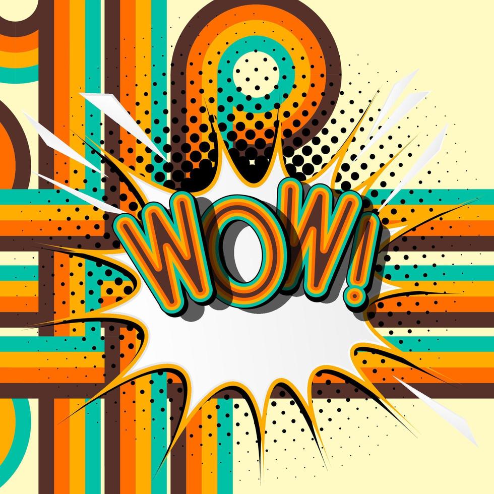 WOW, retro lettering with shadows, halftone pattern on retro poster  background. Vector bright illustration in vintage pop art style.