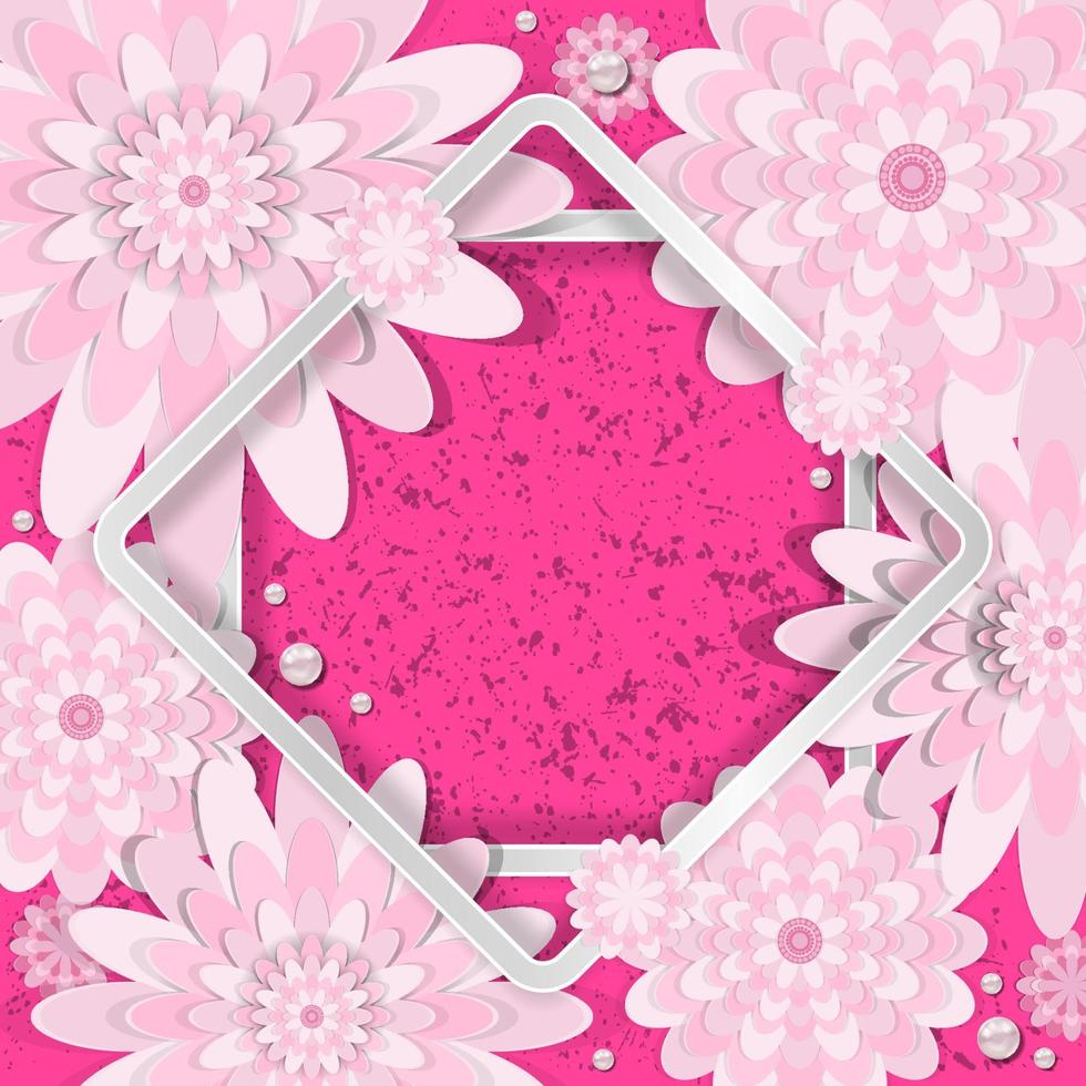 fondo floral de felicitación de primavera. flores de papel festivas en un marco de luz cuadrado. fondo rosa brillante grunge. tarjeta de felicitación vectorial con vacaciones el 8 de marzo, día de la madre vector