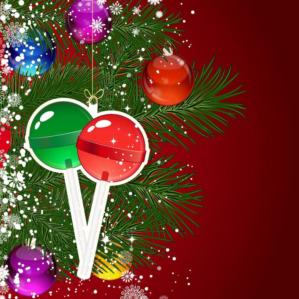 fondo de navidad con ramas de árboles de navidad decoradas con bolas de cristal y juguetes. vector