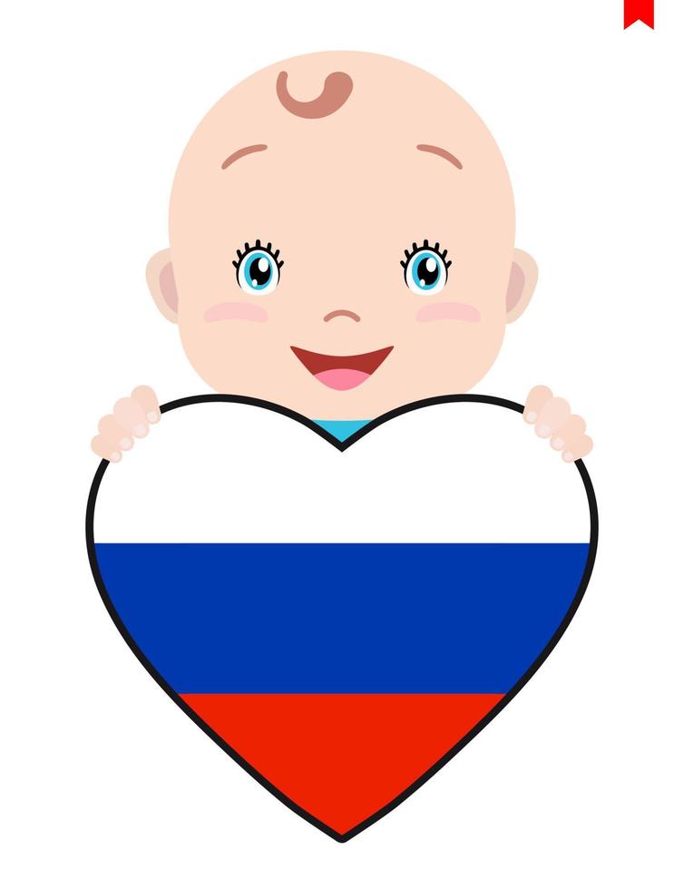 Smiling face of a child, a baby and a Russia flag in the shape of a heart. Symbol of patriotism, independence, travel, emblem of love. vector
