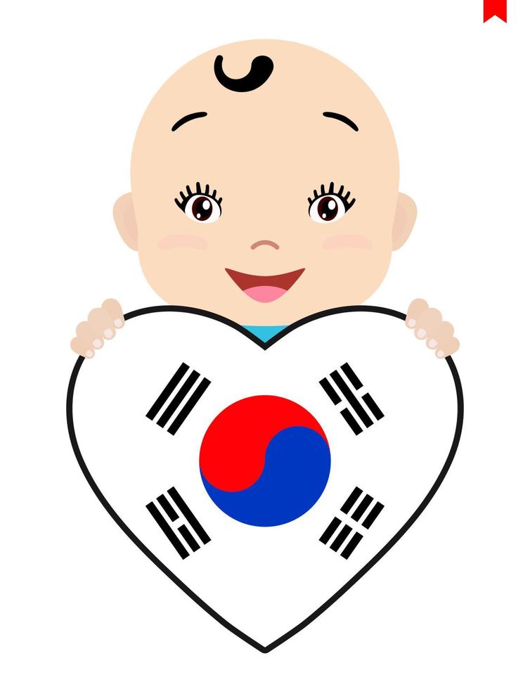 cara sonriente de un niño, un bebé y una bandera de corea del sur en forma de corazón. símbolo de patriotismo, independencia, viaje, emblema de amor. vector