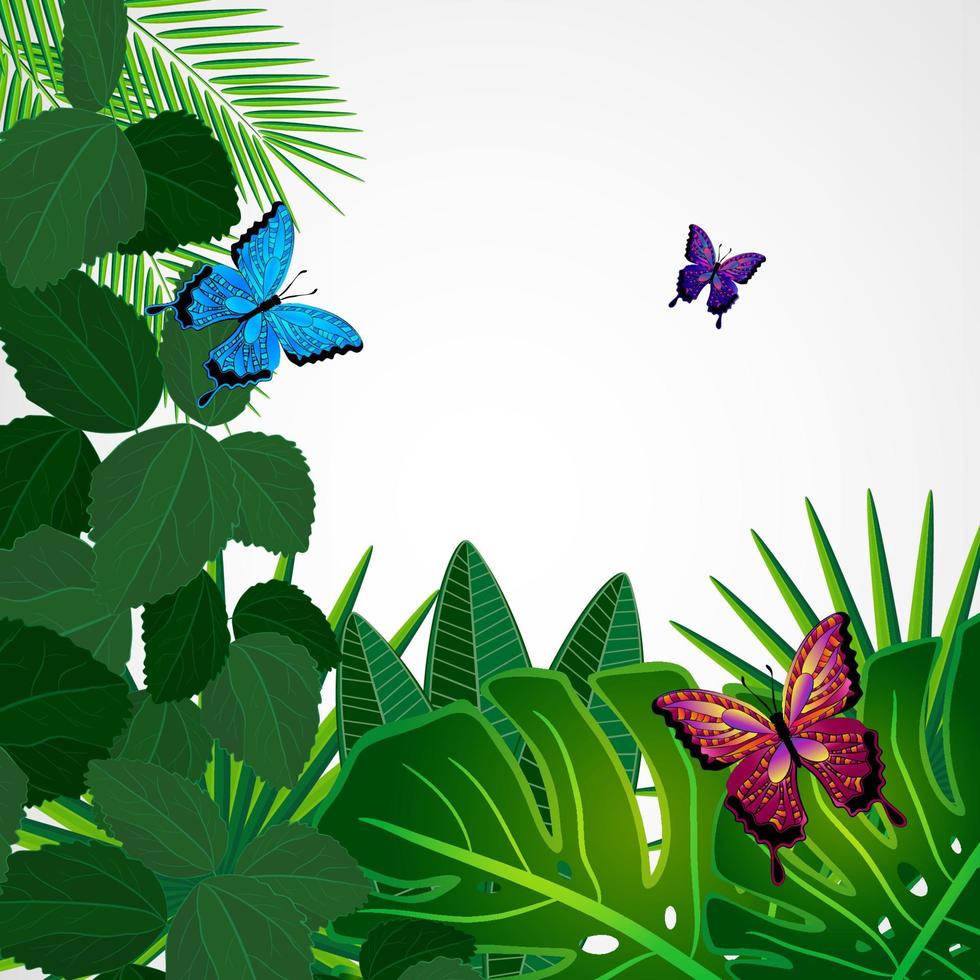 hojas tropicales con mariposas. fondo de diseño floral. vector