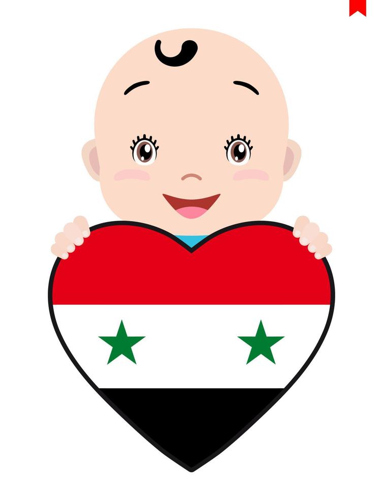 cara sonriente de un niño, un bebé y una bandera siria en forma de corazón. símbolo de patriotismo, independencia, viaje, emblema del amor. vector