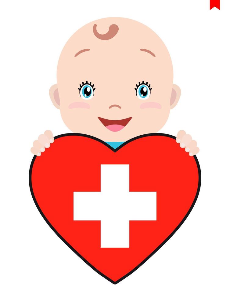 Smiling face of a child, a baby and a Switzerland flag in the shape of a heart. Symbol of patriotism, independence, travel, emblem of love. vector