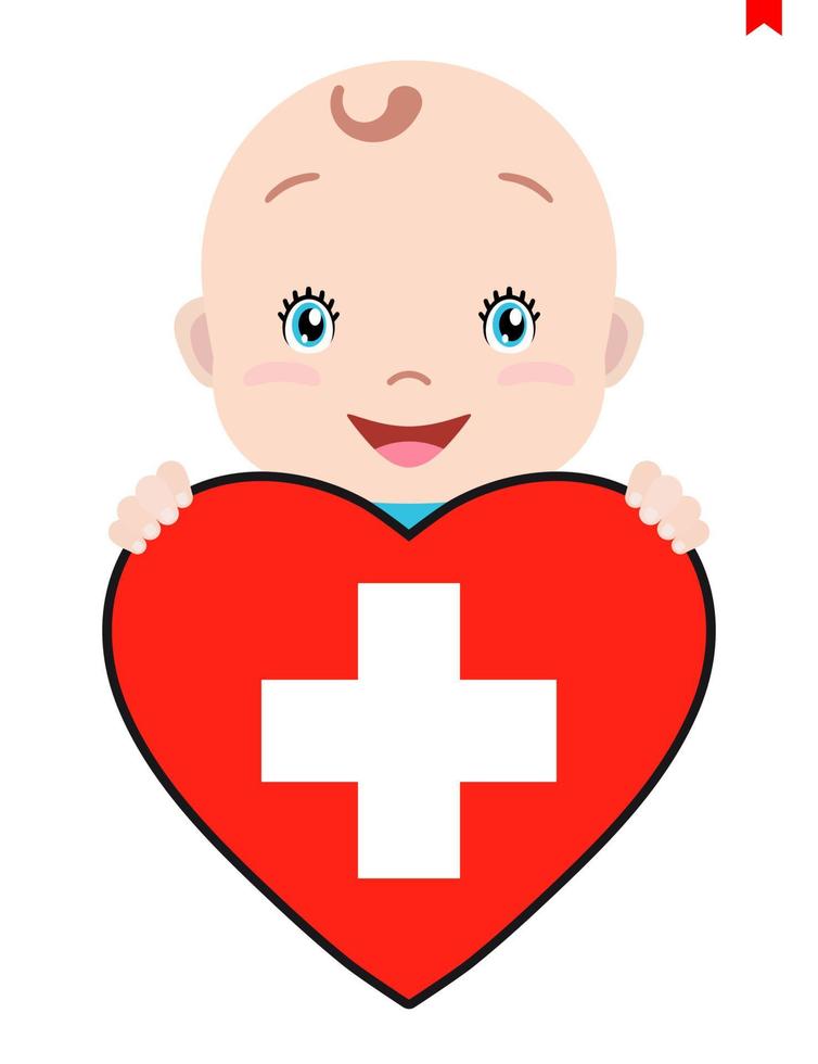 cara sonriente de un niño, un bebé y una bandera suiza en forma de corazón. símbolo de patriotismo, independencia, viaje, emblema de amor. vector