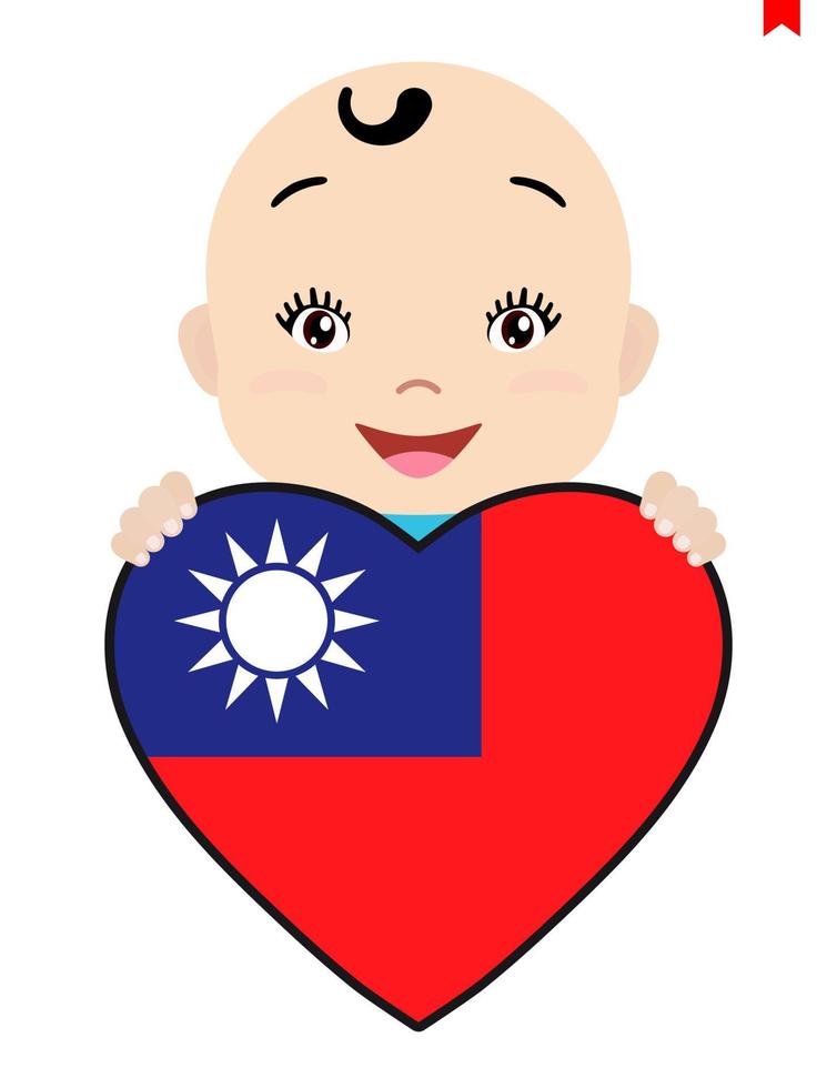 cara sonriente de un niño, un bebé y una bandera de taiwán en forma de corazón. símbolo de patriotismo, independencia, viaje, emblema del amor. vector