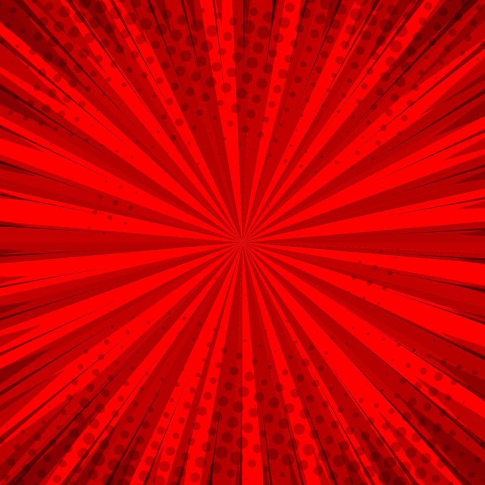 Abstract comic red background for style pop art design. Retro burst template backdrop. Light rays effect. Vintage comic book style, halftone modern print texture, vector. vector