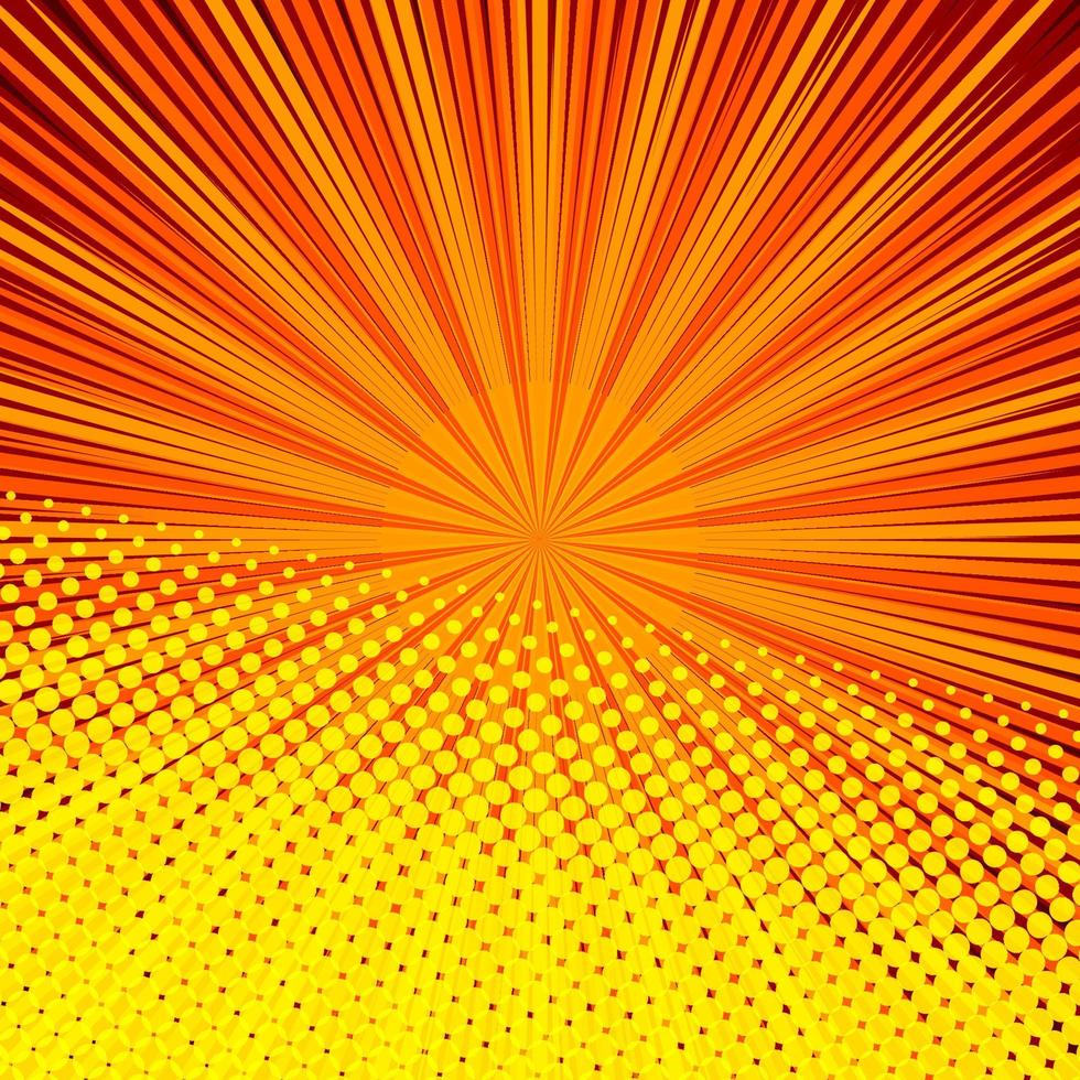 Abstract comic orange background for style pop art design. Retro burst template backdrop. Light rays effect. Vintage comic book style, halftone modern print texture, vector. vector