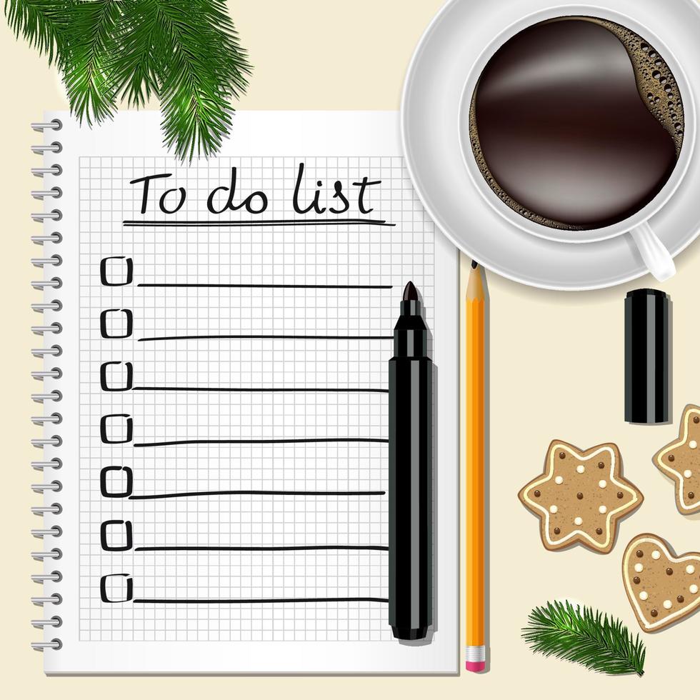 Notebook with to do list, fir tree branches, cookie, a pencil, a marker, and coffee cup on a table with wooden texture. vector