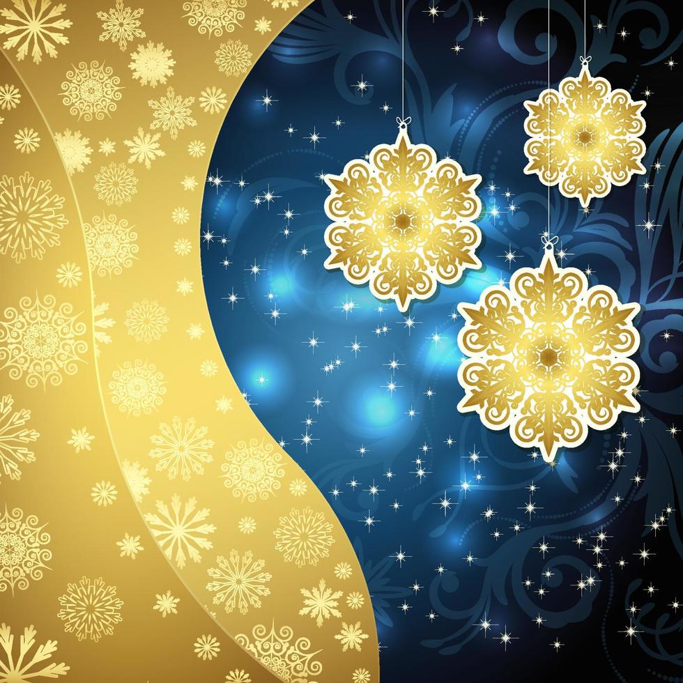 Golden snowflakes and frosty patterns on a dark blue background. Christmas background, vector illustration.
