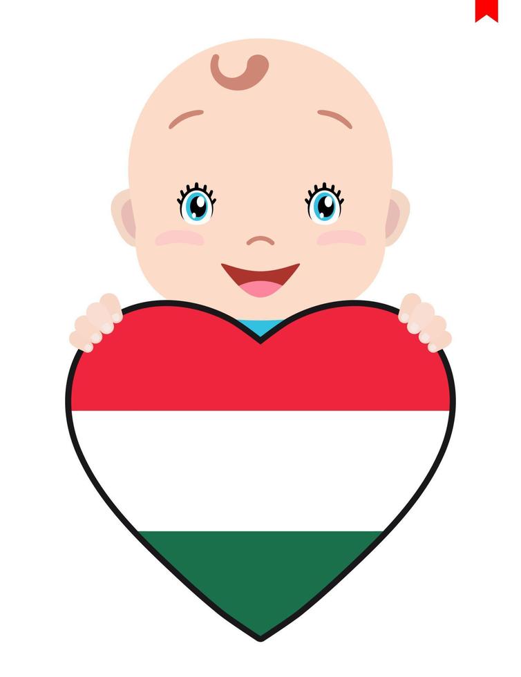 Smiling face of a child, a baby and a Hungary flag in the shape of a heart. Symbol of patriotism, independence, travel, emblem of love. vector