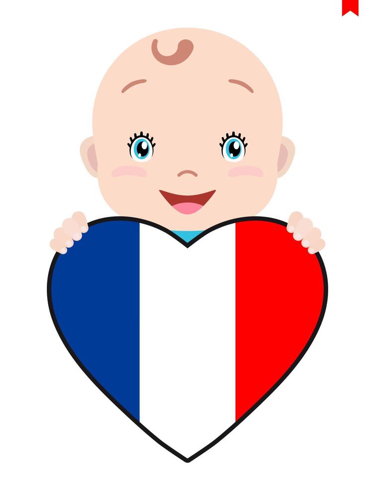 Smiling face of a child, a baby and a France flag in the shape of a heart. Symbol of patriotism, independence, travel, emblem of love. vector