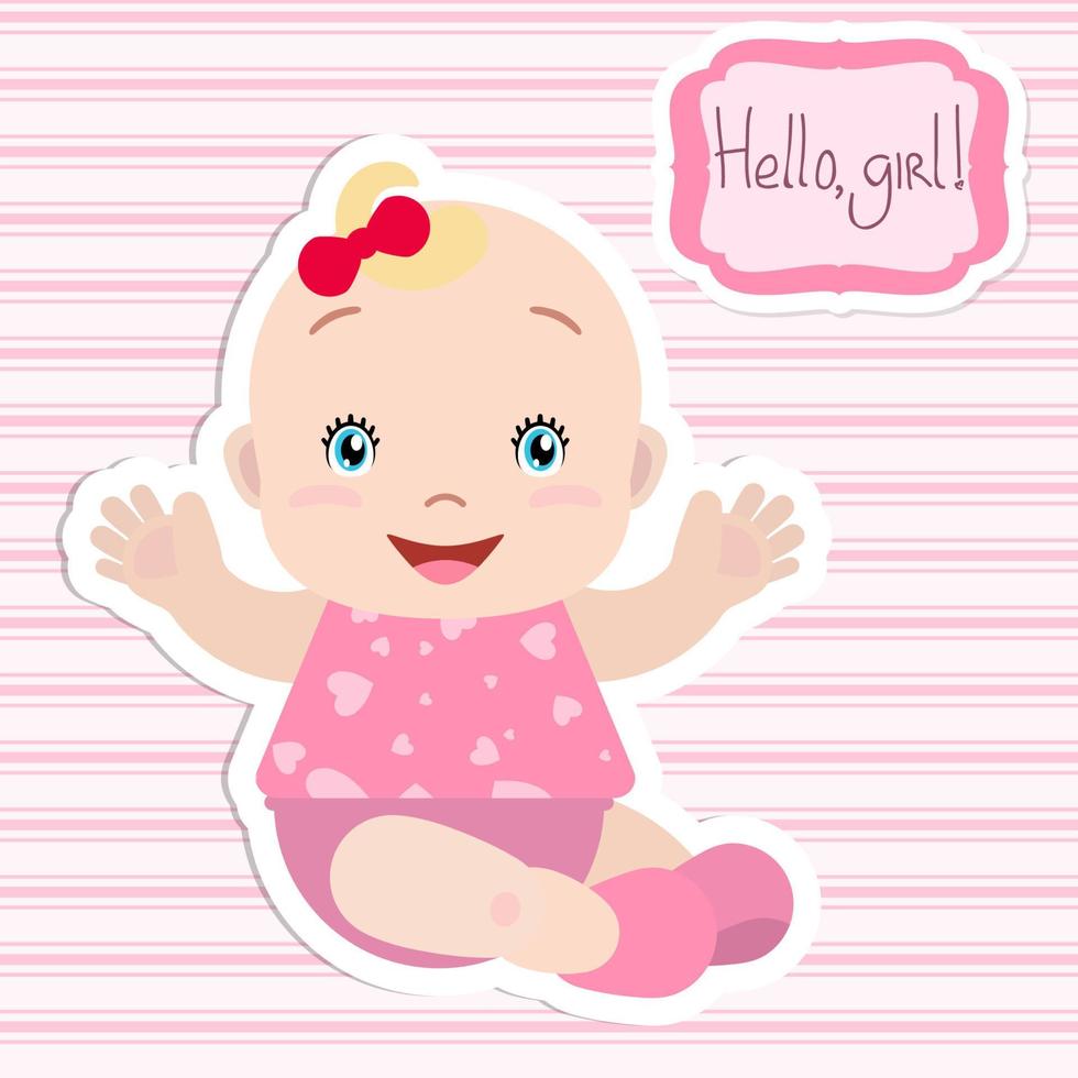 Baby girl sitting, holding out hands, smiling. A frame with an inscription. Card, invitation, baby shower. vector