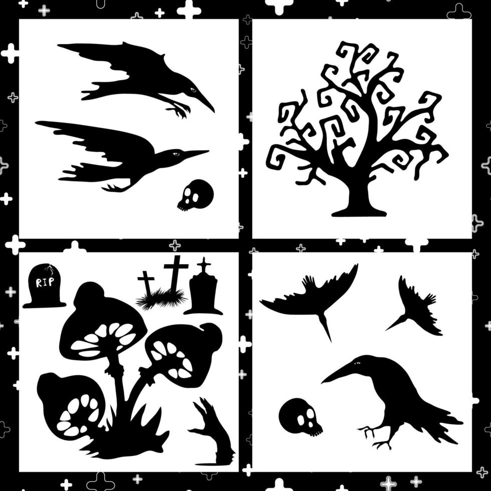 Halloween vector set with black silhouettes.  Design elements isolated on a white background.