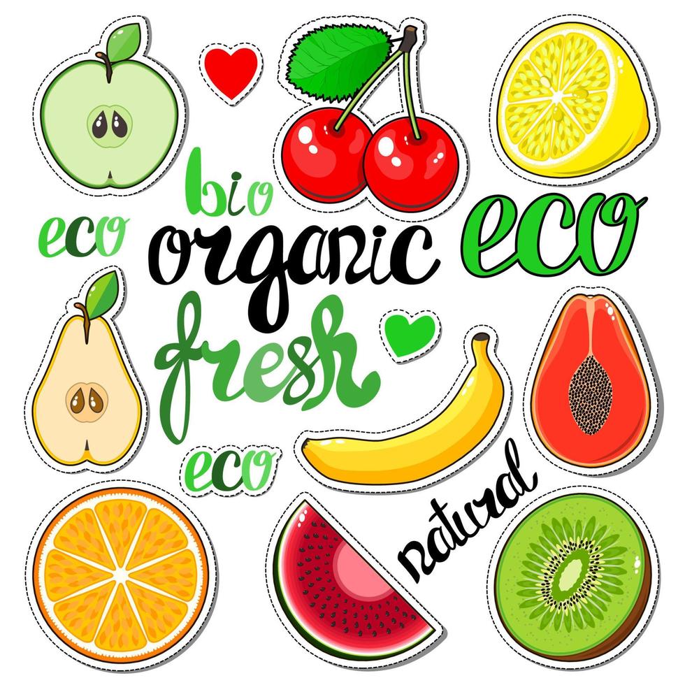 coloque pegatinas de frutas, manzana, cereza, limón, pera, plátano, mango, naranja, sandía, kiwi. etiquetas con letras, bio, eco, orgánicas, frescas, naturales. vector. vector