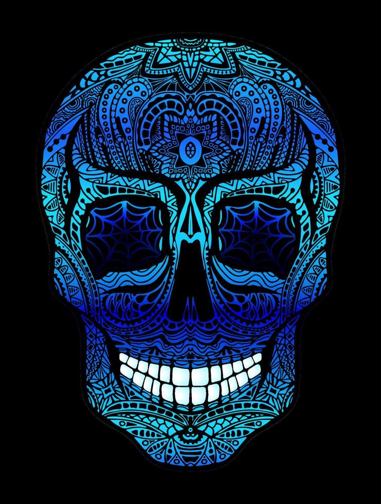 Tattoo skull with blue eyes, black and white vector illustration on white background, Day of the dead symbol.