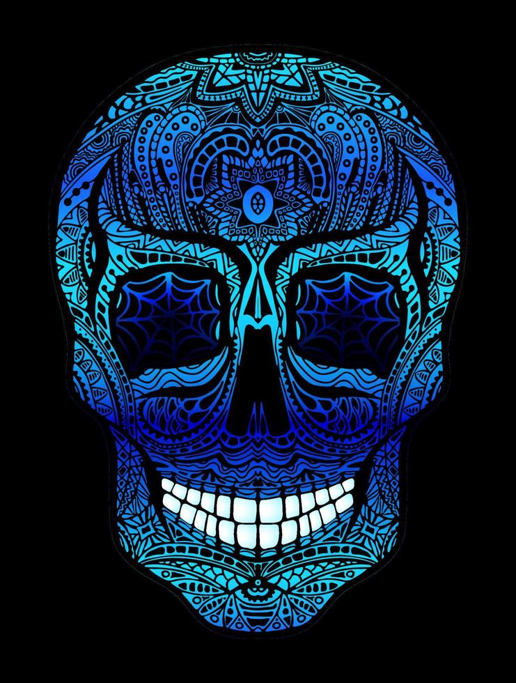 Tattoo skull with blue eyes, black and white vector illustration on white background, Day of the dead symbol.