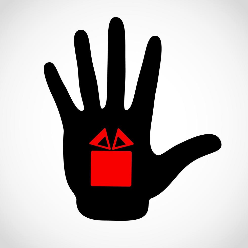 Black hand and gift box sign on the palm vector concept. Vector hands icon illustration. Symbol bonus, souvenir, present, donative, bounty.