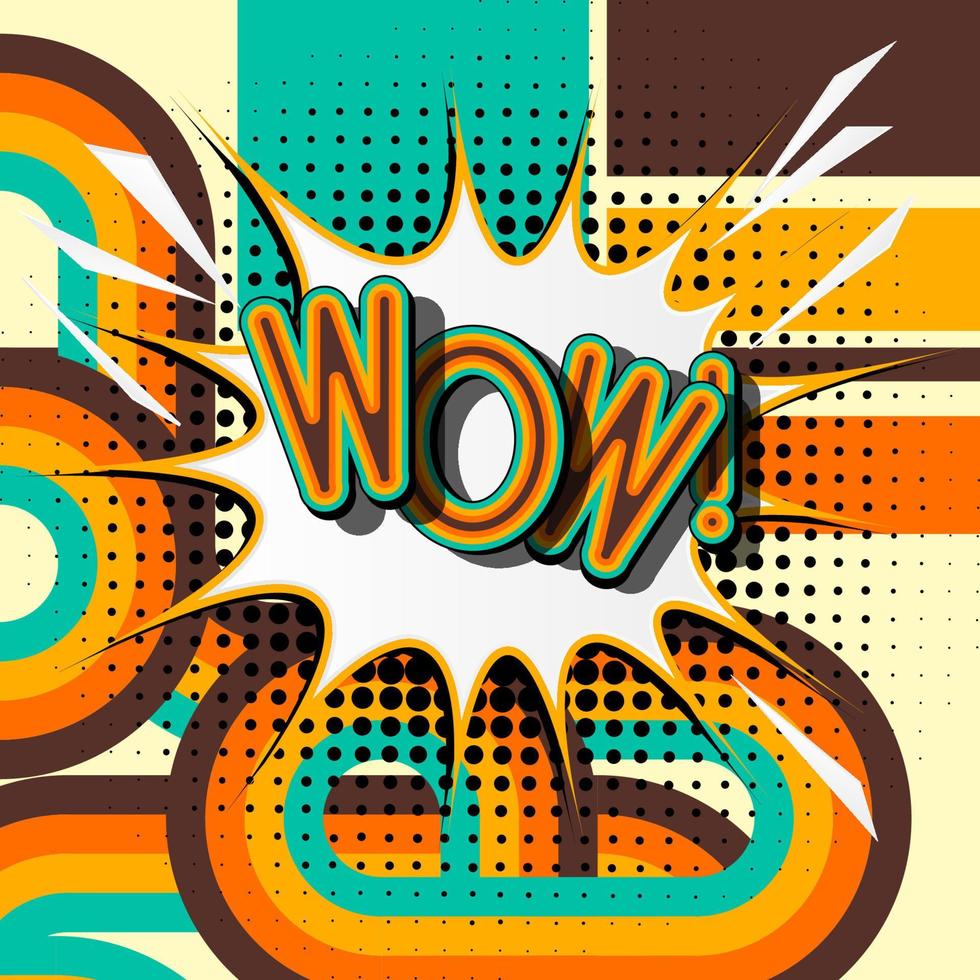 WOW, retro lettering with shadows, halftone pattern on retro poster  background. Vector bright illustration in vintage pop art style.