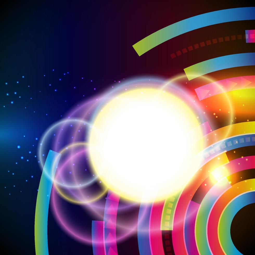 Vector abstract background. Colorful techno pattern on a dark. Sun and thin wavy lines and transparent circles blur.  Design card with round place for your text.