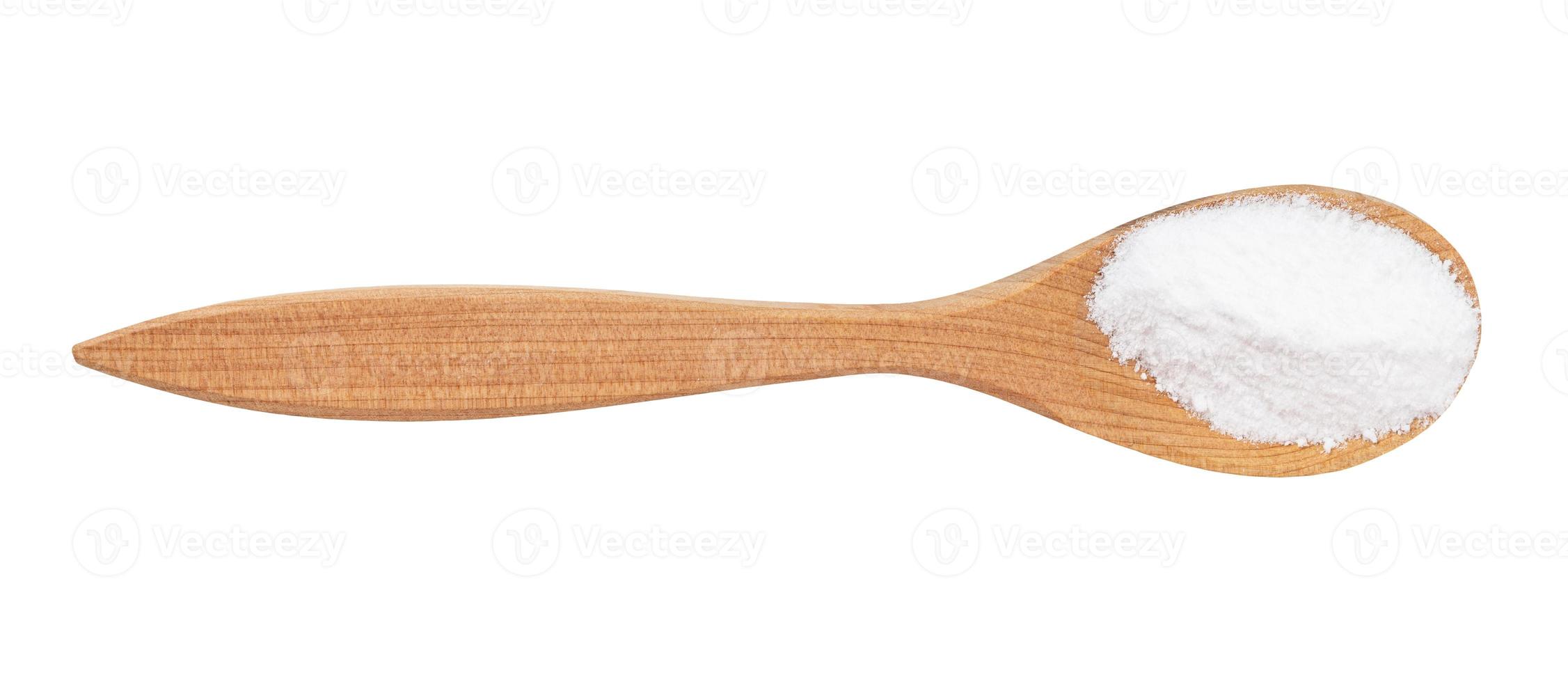 top view of vanillin powder in wood spoon isolated photo
