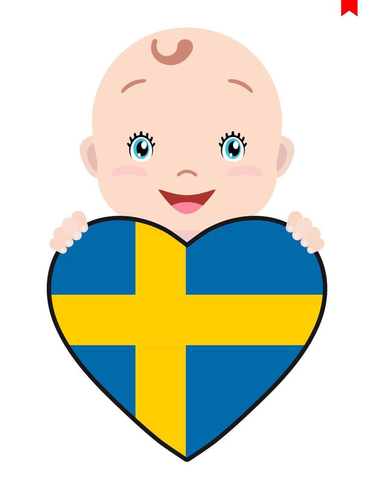 cara sonriente de un niño, un bebé y una bandera sueca en forma de corazón. símbolo de patriotismo, independencia, viaje, emblema del amor. vector