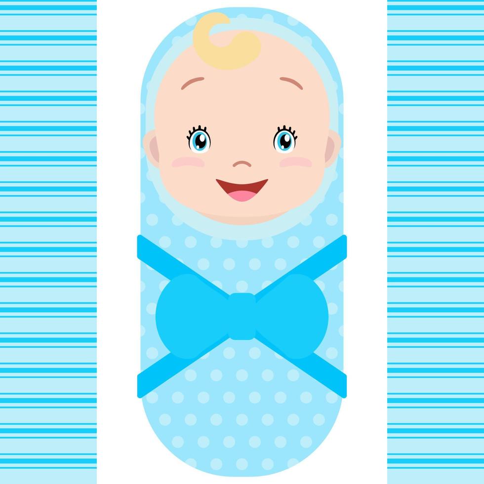 Smiling caucasian baby boy isolated on white background. Vector cartoon mascot. Holiday illustration to Birthday, Baby Shower.