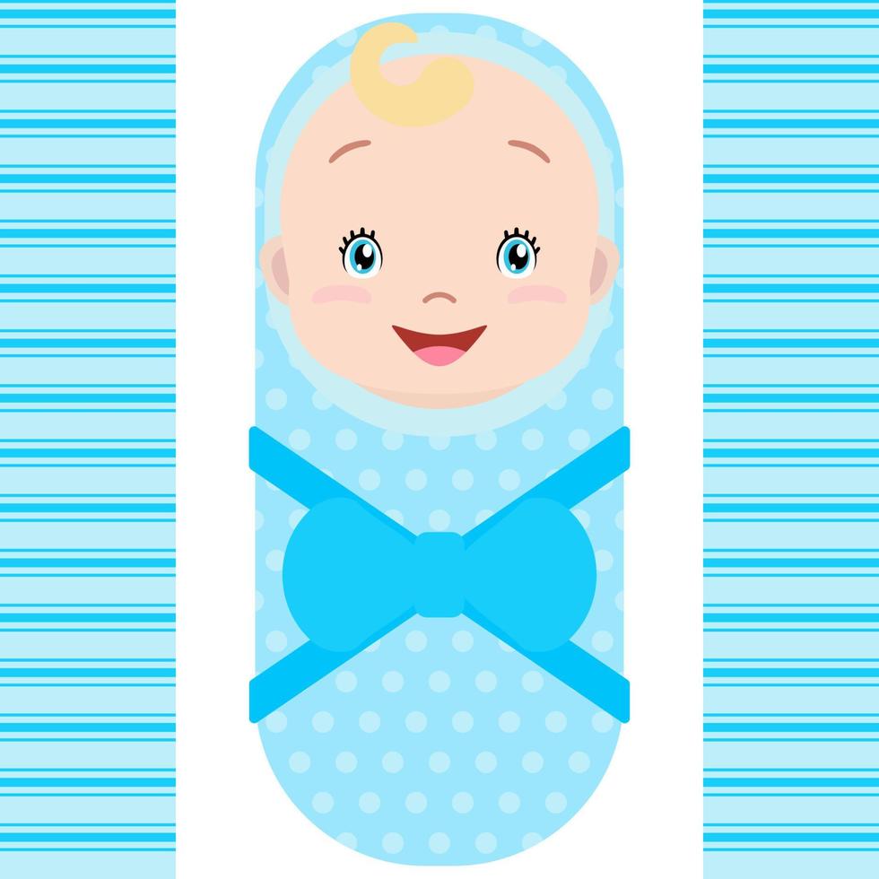 Smiling caucasian baby boy isolated on white background. Vector cartoon mascot. Holiday illustration to Birthday, Baby Shower.