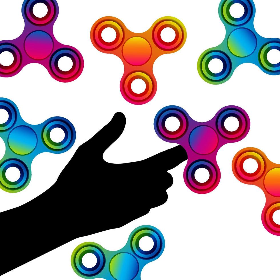 Fidget hand finger spinner stress relieving, colorful toy for removing anxiety and increasing concentration. vector