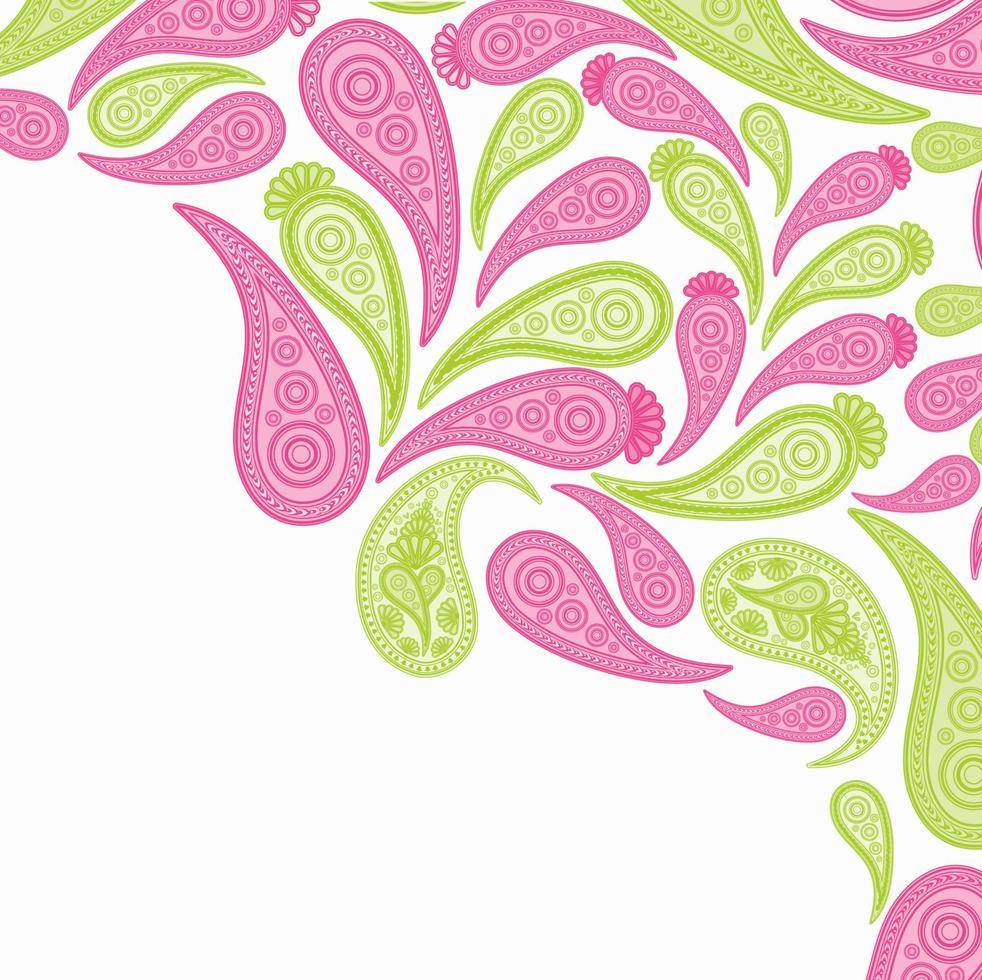 Paisley rosa y fondo vectorial verde, patrón de diseño abstracto floral, adorno de arte indio. vector