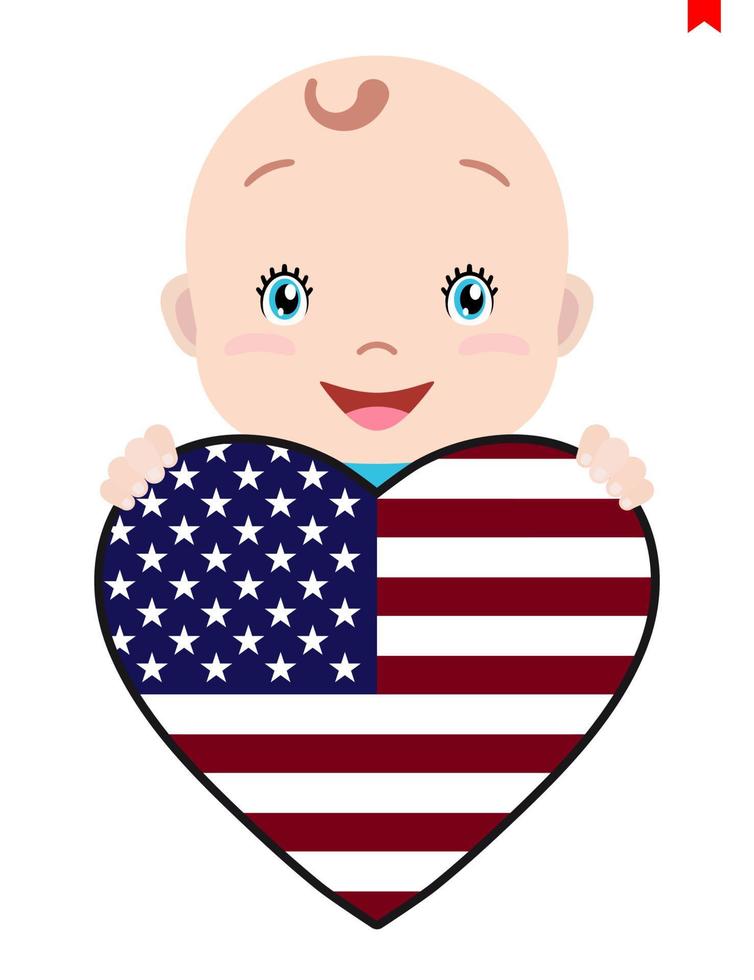 Smiling face of a child, a baby and a America flag in the shape of a heart. Symbol of patriotism, independence, travel, emblem of love. vector