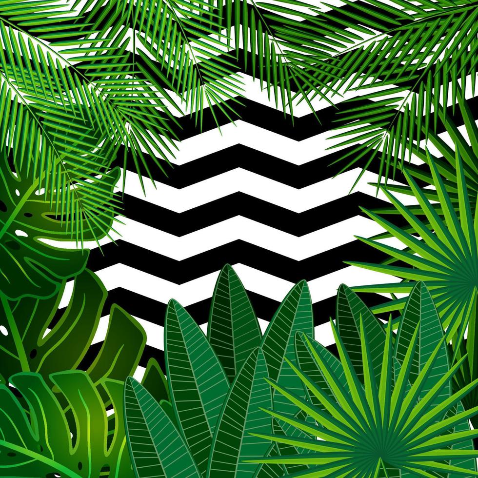 Tropical leaves background with geometric elements, vector floral patterns fashion trend.