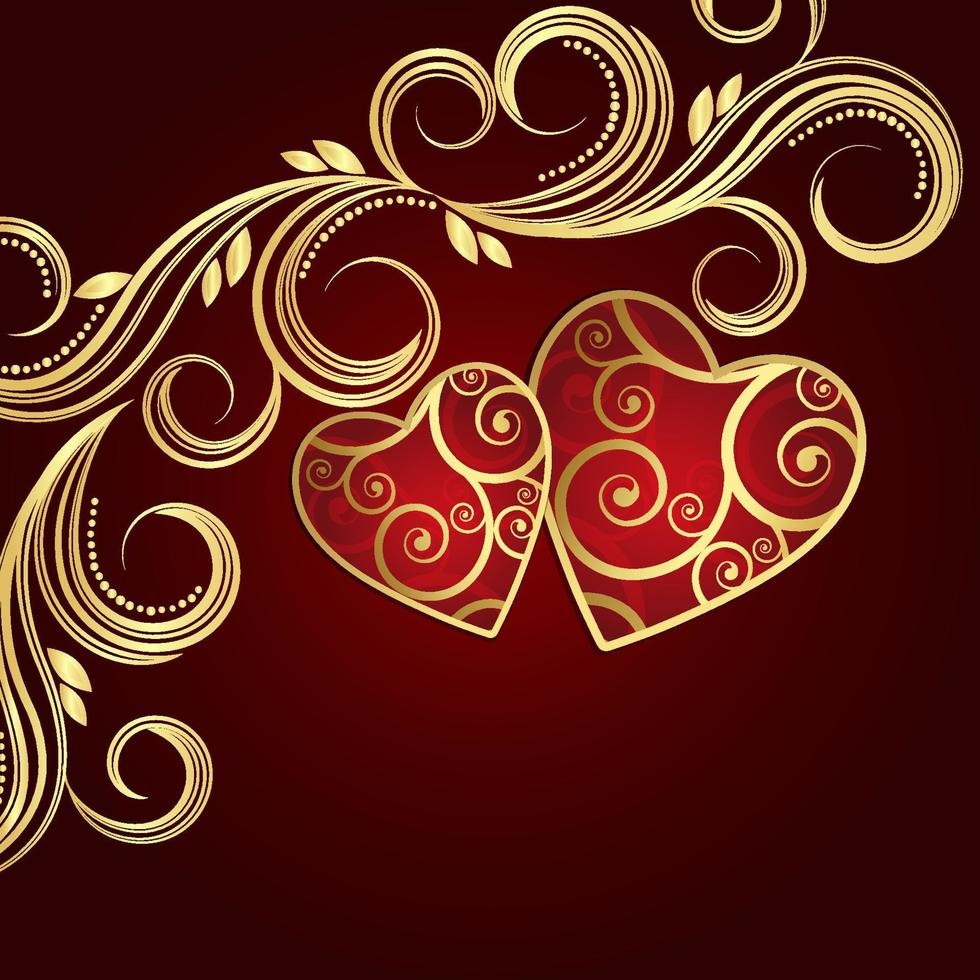 Valentine's day red background with hearts and golden floral swirls. vector