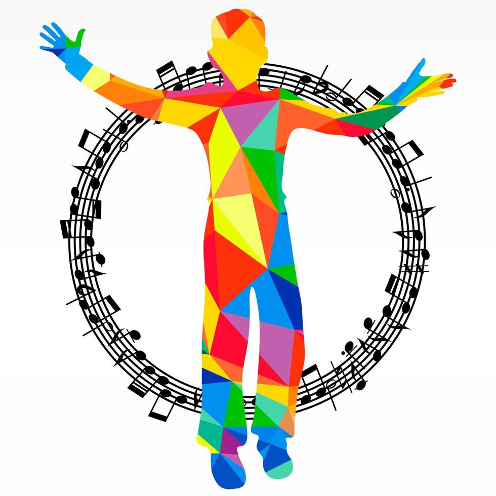 Poligon silhouette dancing human and melody circle, vector music battle party background.