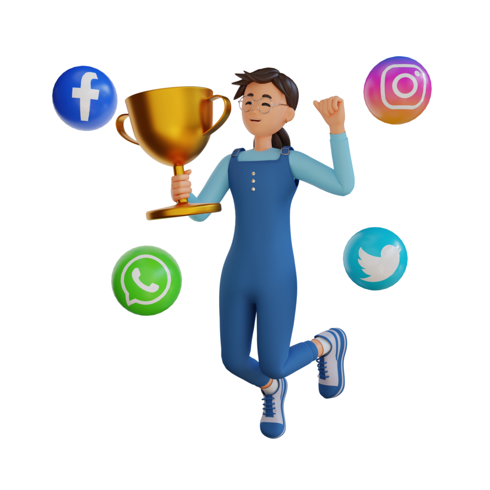 young girl holding a trophy 3d character illustration png