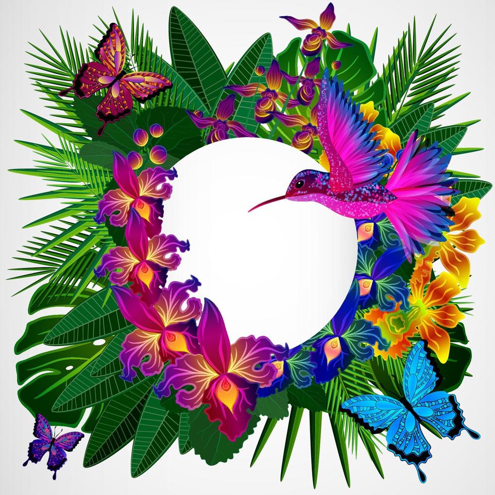 fondo de diseño floral. flores de orquídeas tropicales, pájaros y mariposas. vector