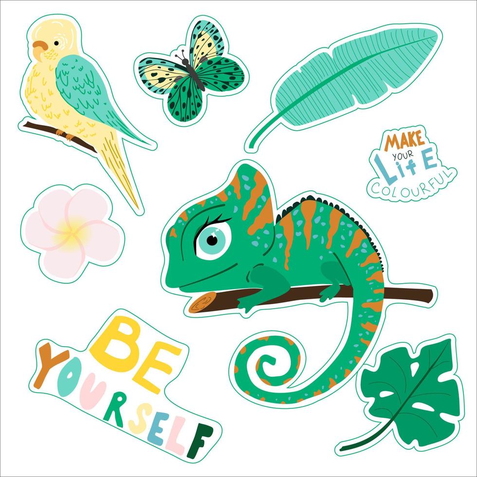 A set of stickers with animals, plants and lettering. Chameleon, butterfly, parrot, tropical flowers and leaves in cartoon style. Vector illustration