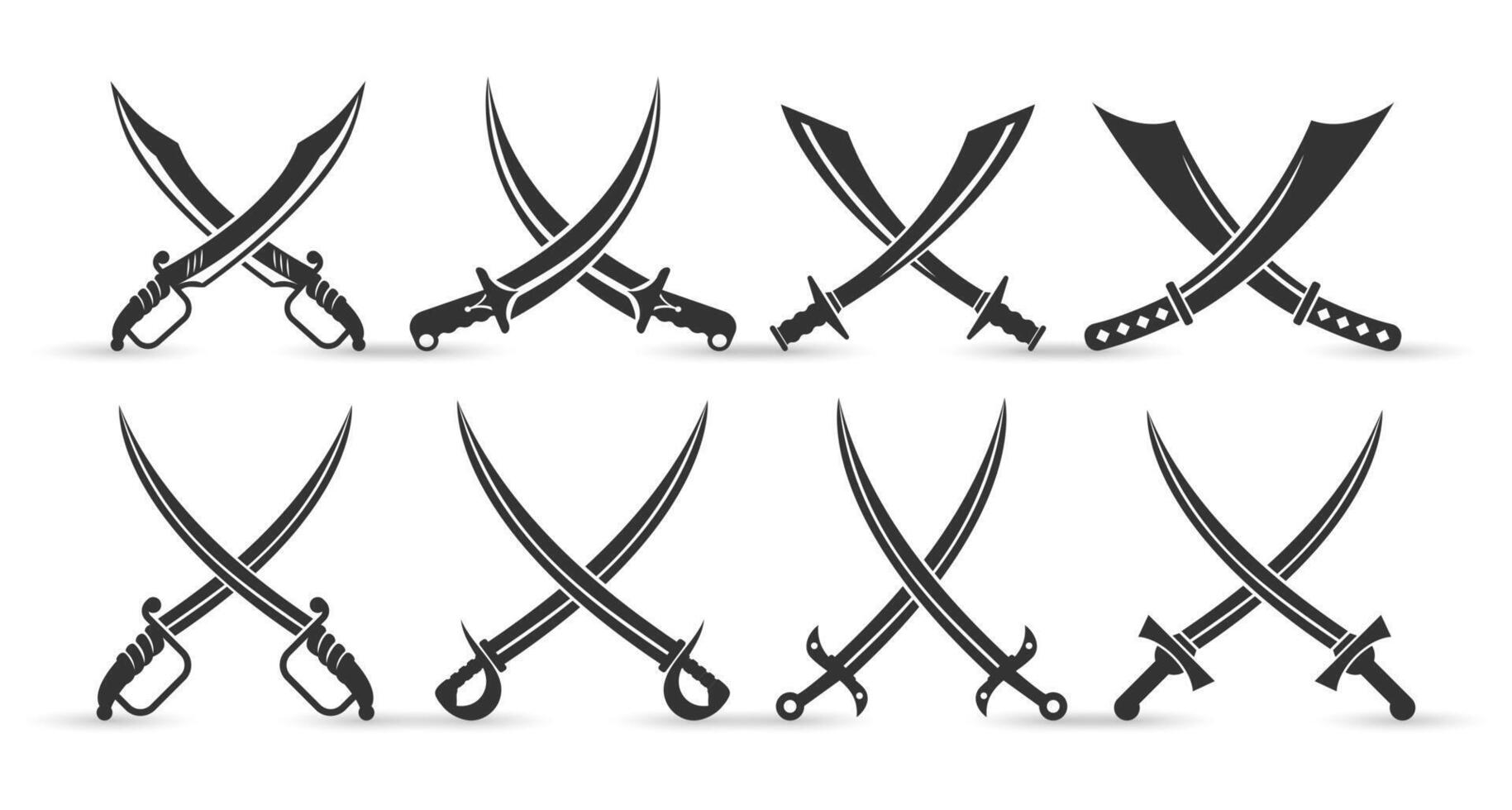set of sword icons or logo elements with x shape, silhouette